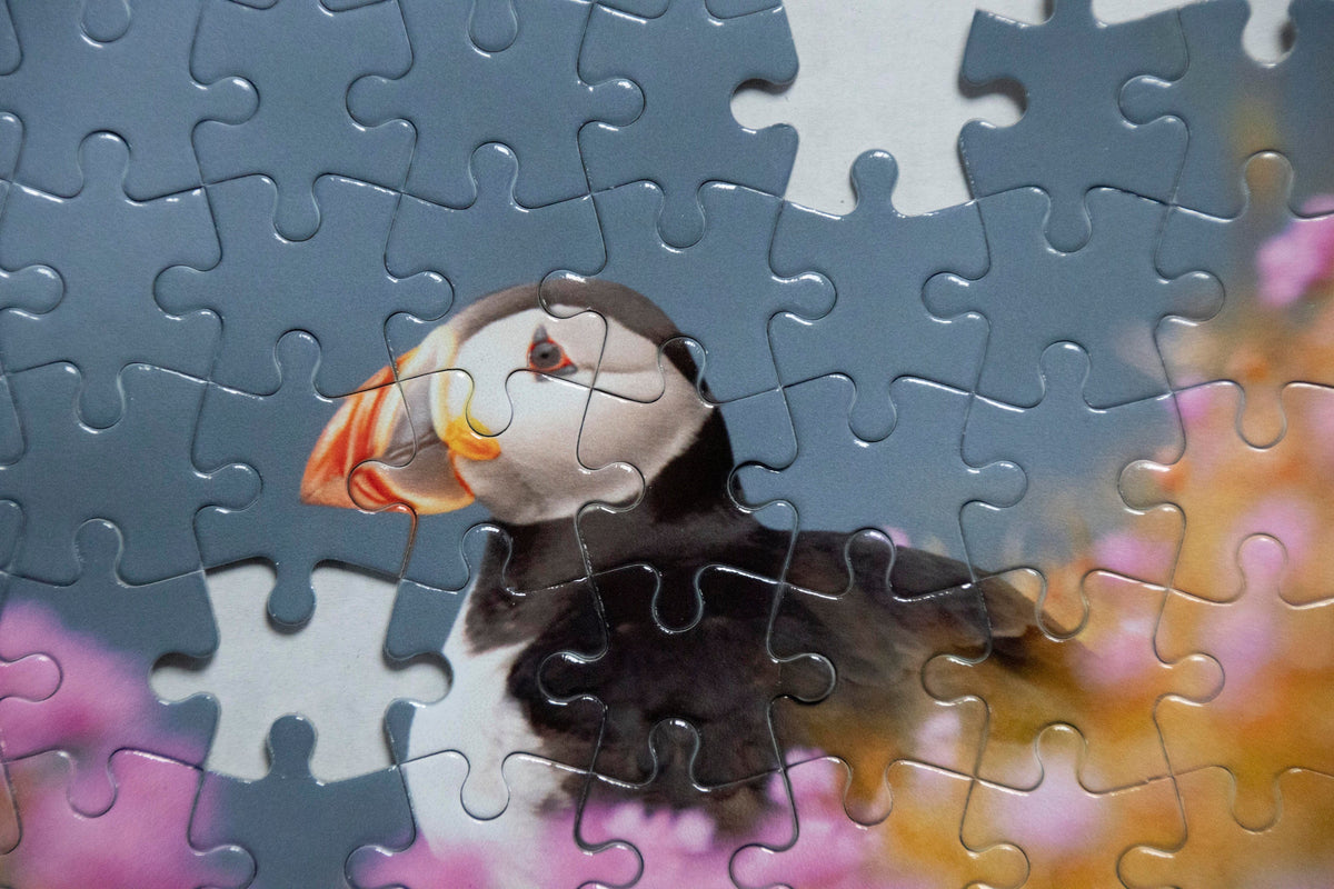 Puffin Photo Puzzle - Sea Pinks wildlife photography jigsaw