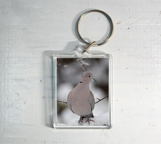 Dove in Snow Keyring - British wildlife photography